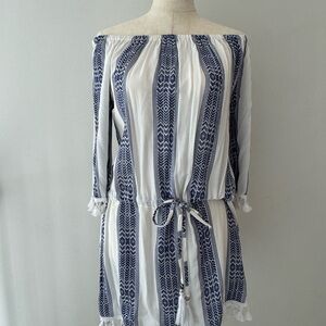 Blue and White Off-Shoulder Dress